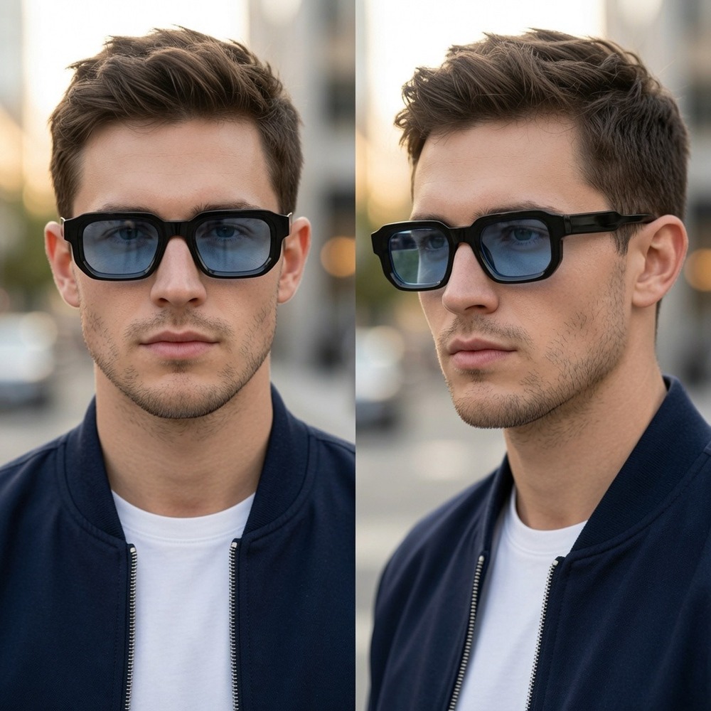 Mens Black Square Sunglasses Light Blue Lens‎ Retro Sophisticated classy elegant